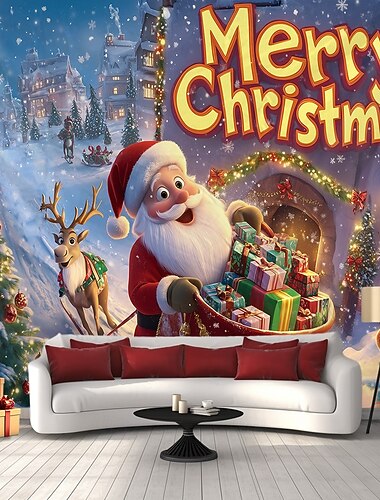 Wandteppich Weihnachtsdekorationen hängende Weihnachtsmann Hunde Schlitten Wandkunst Weihnachten große Wandbild Dekor Fotografie Hintergrund Decke Vorhang Haus Schlafzimmer Wohnzimmer