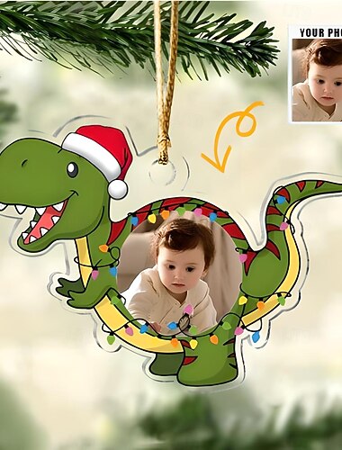 Ornements de Noël Photo Acrylic 2D Personnalisés avec Visage de Bébé Décorations de Sapin de Noël Pendentifs Suspendus Cadeaux de Dinosaure Mignon