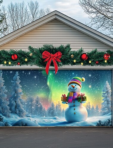 غطاء باب المرآب الخارجي لعيد الميلاد، لافتة عيد الميلاد، رجل ثلج، خلفية عيد الميلاد الكبيرة، ديكور لباب المرآب الخارجي للعطلات، ديكورات الحائط المنزلية