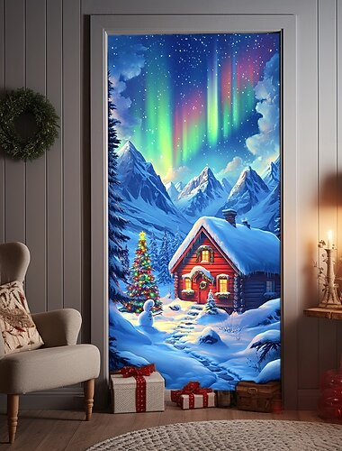 Weihnachtstürdekorationen, Türabdeckungen, Weihnachtsmanndorf-Türteppich, Türvorhang, Dekorationshintergrund, Türbanner für drinnen und draußen, für die Haustür, Bauernhaus, Feiertagsparty-Dekoration