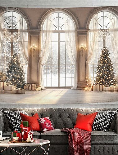 Weihnachtsdekorationen hängen Wandteppich Wandkunst Weihnachten weiß Fensteransicht große Wandteppich Wandbild Dekor Fotografie Hintergrund Decke Vorhang Haus Schlafzimmer Wohnzimmer