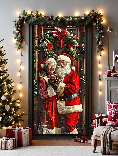 زينة باب عيد الميلاد أغطية الأبواب سانتا زوجين باب نسيج ستارة الباب ديكور خلفية لافتة الباب للباب الأمامي مزرعة ديكور حفلة عطلة لوازم هدية داخلي / خارجي
