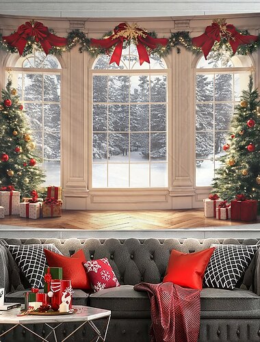 kerstversiering hangend wandtapijt wandkunst kerstgordijn raam uitzicht groot wandtapijt muurschildering decor foto achtergrond deken gordijn huis slaapkamer woonkamer
