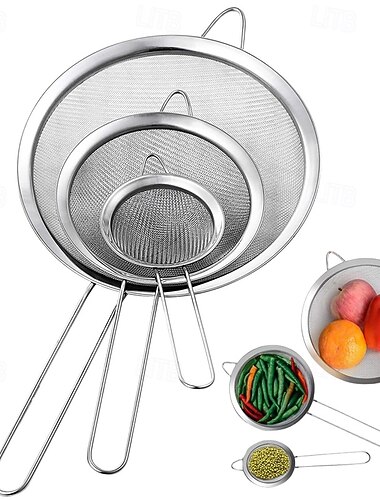 set van 3 fijne zeef multifunctionele roestvrijstalen zeefjes met stevige handgreep