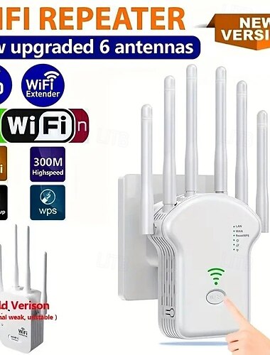 Extendeur wifi Booster wifi 6 fois plus puissant Wifi 300 mbps 2,485 GHz double bande forte pénétration du signal wifi 35 appareils 4 modes Paramètres en 1 clic 6 antennes Couverture complète à 360°