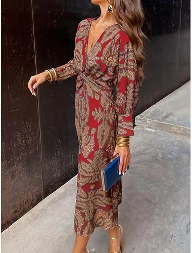 robe longue à imprimé graphique et col en V pour femme, manches longues, printemps-automne