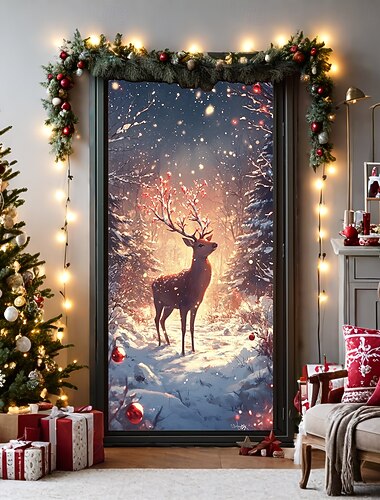 bannière de noël décorations de porte de Noël, couvre-portes, cerf, neige, tapisserie de porte, , décoration, toile de fond, bannière de porte pour porte d'entrée, décoration de fête de fin d'année à