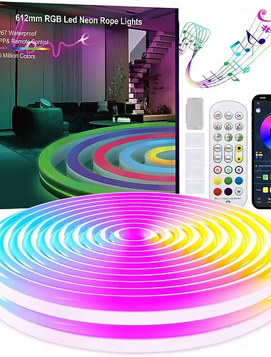  RGB Waterproof Smart Neon Rope Light Kit, Silicone LED Strip Lights 3M, 5M, or 2x5M Bluetooth App Control, Dimmable, Music Sync, Multi-Color, DIY Cuttable