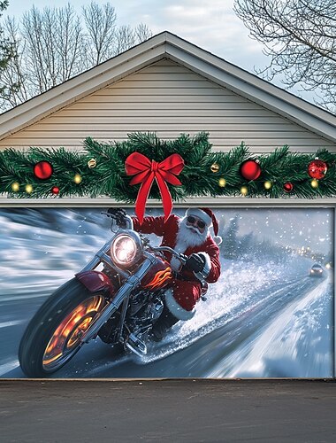 Boże Narodzenie na zewnątrz garaż drzwi pokrywa boże narodzenie baner święty mikołaj motocykl duże tło świąteczne dekoracja na święta zewnętrzne garaż drzwi dekoracje ścienne domu