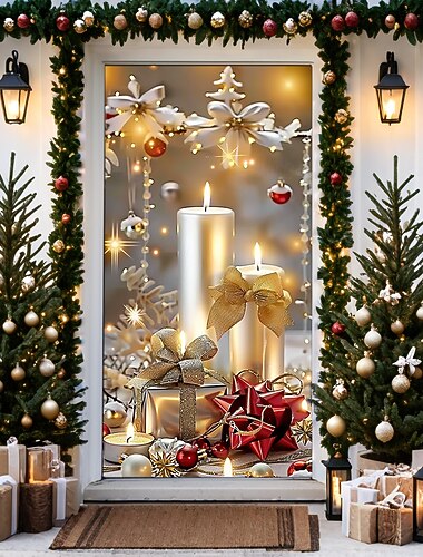 Adornos navideños para puertas, cubiertas para puertas, velas navideñas, regalos, tapiz para puertas, cortina para puertas, decoración con vitrales, telón de fondo, pancarta para puerta de entrada,