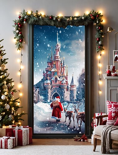 Christmas Door Decorations Door Covers Xmas Santa Castle Door Tapestry Door Curtain Decoration Backdrop Door Banner for Front Door Farmhouse Holiday Party Decor Supplies Indoor/Outdoor
