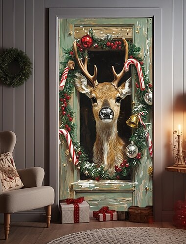 kerstdeurversieringen deurbekleding rendieren kerstdeur wandtapijt deurgordijn decoratie achtergrond binnen/buiten deurbanner voor voordeur boerderij kerstvakantie feestdecoratie benodigdheden
