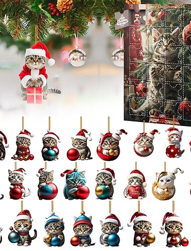 Advent Calendar 2025, Christmas 2D Acrylic Cat Ornament Cat Lover Countdown Calendar Gift 2025, Christmas Xmas 24pcs Tree Pendants Decorations