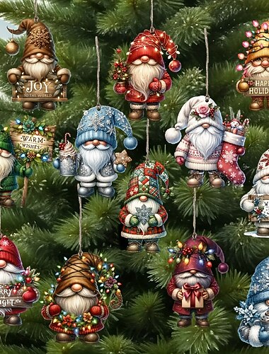 12pcs/set Wooden Dwarf Christmas Tree Ornaments, Gnome Hanging Decorations for Xmas Tree, Party Decor, Holiday Celebration Accessories