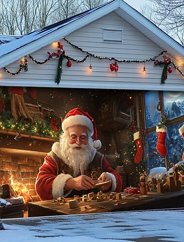 Cubierta navideña para puerta de garaje al aire libre, pancarta navideña, centro comercial de Santa Claus, gran fondo navideño, decoración para puerta de garaje al aire libre, decoraciones de pared