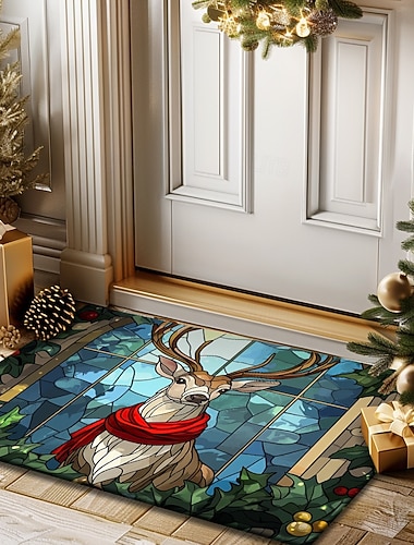 karácsonyi dekoráció lábtörlő ólomüveg rénszarvas konyhai szőnyeg padlószőnyeg csúszásmentes terület szőnyeg olajálló szőnyeg beltéri kültéri szőnyeg hálószoba dekor fürdőszoba szőnyeg bejárati