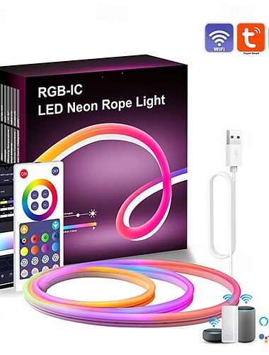 neon led nauha valot tuya wifi bluetooth 3m 9.84ft rgbic väri illuusio musiikki neon valonauha setti itse muoto 16 miljoonaa väriä usb kaukosäädin sovellusohjain ip67 vedenpitävä valonauha olohuone