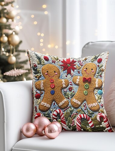 Funda de almohada decorativa con adornos navideños, 1 pieza, funda de cojín cuadrada suave con diseño de hombre de jengibre y acolchado, para dormitorio, sala de estar, sofá, sillón