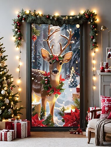 Adornos navideños para puertas, cubiertas para puertas, ciervos navideños, tapiz para puerta, cortina para puerta, decoración, telón de fondo, pancarta para puerta de entrada, decoración para fiestas