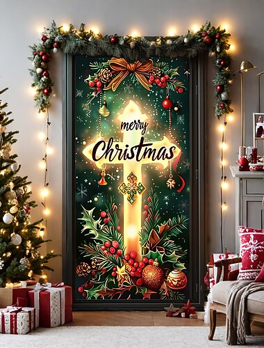 Adornos navideños para puertas, cubiertas para puertas, cruz de Navidad, belén, tapiz para puerta, cortina para puerta, decoración, telón de fondo, pancarta para puerta de entrada, suministros de
