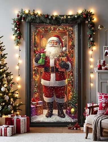 Adornos navideños para puertas, cubiertas para puertas, tapiz navideño de Papá Noel, cortina para puerta, decoración, telón de fondo, pancarta para puerta de entrada, decoración navideña para