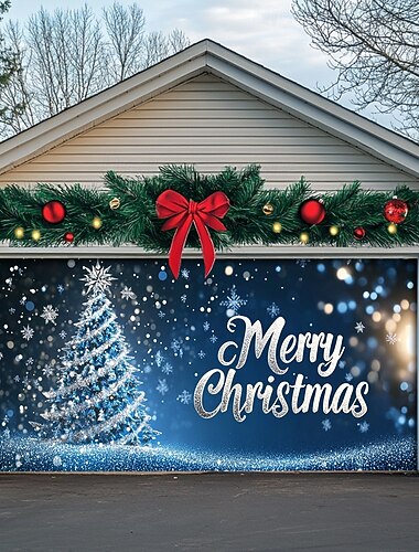 クリスマス 屋外ガレージドア カバー メリークリスマス ストッキング クリスマスバナー 大きなクリスマス背景 休日用デコレーション 屋外ガレージドア 家の壁飾り