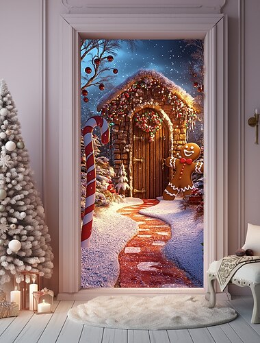 Weihnachtstürdekorationen, Türabdeckungen, Weihnachts-Lebkuchenhaus-Türteppich, Türvorhang, Dekorationshintergrund, Türbanner für drinnen und draußen, für die Haustür, Bauernhaus,