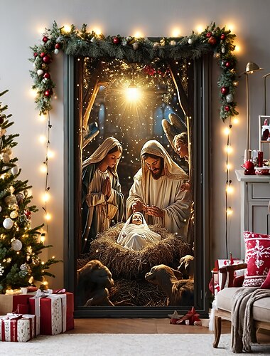 decorazioni natalizie per porte copriporta presepe arazzo per porta tenda per porta decorazione fondale striscione per porta d'ingresso fattoria natale festa decorazioni forniture regalo
