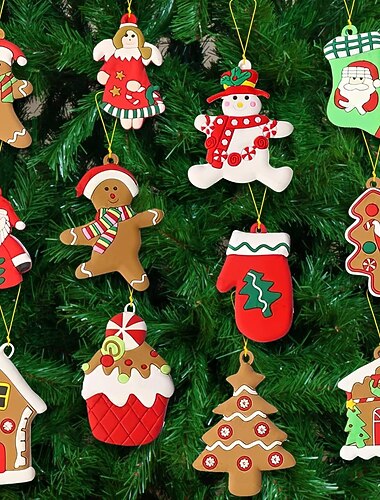 12 kpl piparkakkumieskoristeita joulukuuseen, erilaisia muovisia piparkakkufiguureja, ripustettuja joulukuusenkoristeita, 3 tuumaa korkea
