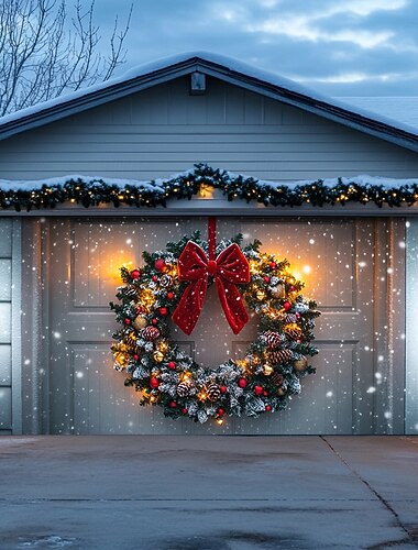 クリスマスのドア飾り、屋外ガレージドアカバー、クリスマスシーンバナー、農家の休日用の大きなクリスマス背景、屋外ガレージドア、家の壁飾り