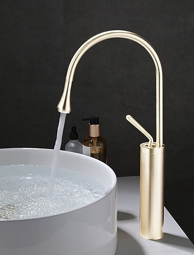  Bathroom Sink Mixer Faucet Brushed Gold Tall Deck Mounted, High Arc Vessel Tap Single Handle One Hole Standard Spout Wahsroom Basin Taps with Cold and Hot Water Hose