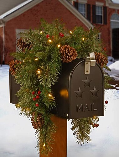 Weihnachtsgirlande aus Tannenzapfen und Briefkasten mit LED-Lichtern, 90 cm festlicher Kranzzweig &Weinreben-Dekoration für Haus, Terrasse, Garten, Außenbereich (Batterien nicht im Lieferumfang