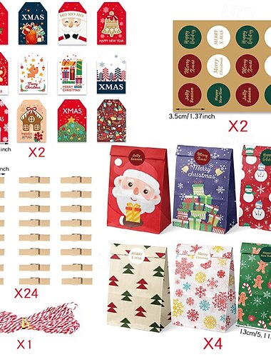 julklappspåsar med snögubbe-, tomte- och snöflingor – godis- och godispåsar med klistermärken  & klämmor, adventspappers presentpåsar för semesterinpackning