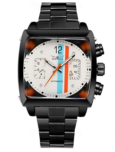 Montre Mécanique Automatique pour Hommes JARAGAR 569 Mode Design Rétro Cadran Carré Date Semaine Étanche Montre en Acier de Loisirs