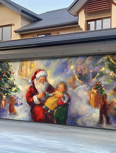 زينة باب الكريسماس، غطاء باب المرآب، رجل ثلج، لافتة خارجية لعيد الميلاد، خلفية كبيرة لمنزل العطلة، هدايا حائط، رودولف، الرنة ذات الأنف الأحمر، الجان