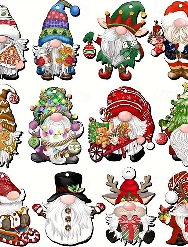 24 st juldekorationer i trä, klassiska tomtardekorationer med hängande hängen med sagotema, med tomte- och tomtedesigner för semesterdekorationer, traditionella icke-elektriska former