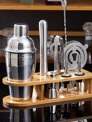  مجموعة شاكر كوكتيل مع حامل، 10 قطع من خلاط شاكر كوكتيل من الفولاذ المقاوم للصدأ سعة 550 مل، مجموعة أدوات بار مع حامل أنيق من الخيزران، مجموعة مثالية للمنزل ومجموعة شاكر كوكتيل مارتيني