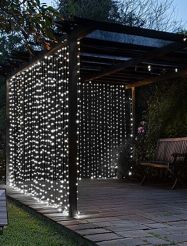 3 * 3m 300 المصابيح الشمسية ضوء الستار في الهواء الطلق التحكم عن بعد ضوء 8 أوضاع الإضاءة أضواء الجنية IP65 للماء أضواء خيط جلدي عيد الميلاد حفل زفاف المنزل غرفة نوم حديقة جدار ديكور