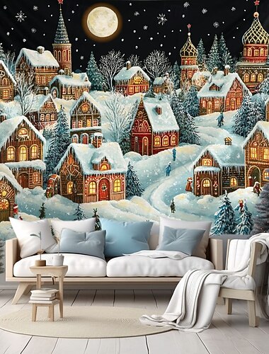 Wandteppich Weihnachtsdekorationen hängende Tapisserie Schneedorf Wandkunst Weihnachten große Tapisserie Wandbild Dekor Fotografie Hintergrund Decke Vorhang Haus Schlafzimmer Wohnzimmer Dekoration