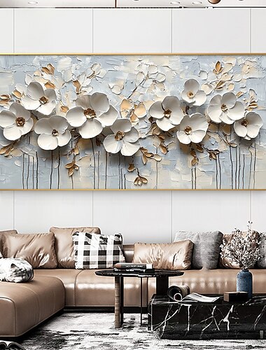 Peinture à l'huile originale faite à la main de fleurs texturées en 3D sur toile, art mural floral blanc abstrait pour la décoration intérieure avec cadre tendu sans cadre intérieur