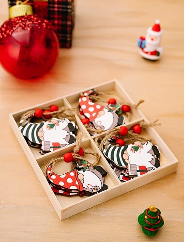 Weihnachts-Set mit Wichtel-Ornamenten aus Holz, Holzbox mit 4 Gittern und Cartoon-Aufdruck mit Weihnachtsmann- und Wichtel-Dekorationen, Weihnachtsbaum-Dekoration zum Aufhängen