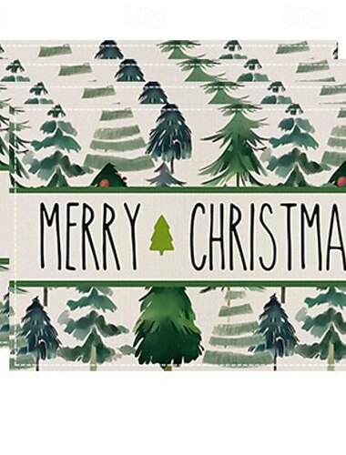 4 stuks kerstlinnen placemats, kerstboom- en belprint met rood gestreept ruitjesontwerp, geïsoleerde placemats voor decoratie tijdens feestdagen