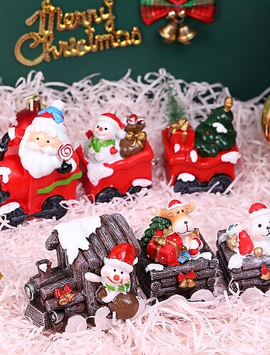 décoration de train du Père Noël en résine figurine – ornement de Noël mettant en vedette le Père Noël livrant des cadeaux dans un train avec cabine et cadeaux, affichage festif des vacances