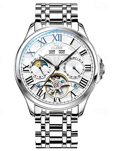Novo Relógio de Negócios da Marca Olevs com Pulseira de Aço Inoxidável Fase Lunar Duplo Calendário Indicação de 24 Horas Relógio Mecânico Automático Simples Lazer Esportivo Relógio de Pulso Masculino