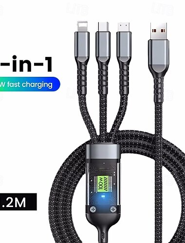 Kabel szybkiego ładowania 3 w 1 o mocy 100 W, inteligentna, superszybka obsługa ładowania, ładowanie z wieloma interfejsami, kabel USB do szybkiego ładowania, kompatybilny z samochodowym kablem