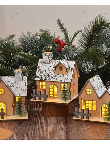 Weihnachts-Holzhaus Ornament Licht LED Tischdekoration Weihnachtsfestliche Tischdekorationen