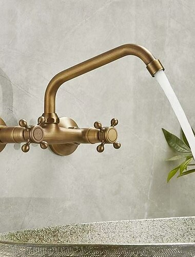 Grifo mezclador para lavabo de baño, grifo para lavabo de baño empotrado, grifo antiguo de latón retro cepillado, grifo dorado extendido para montaje en pared