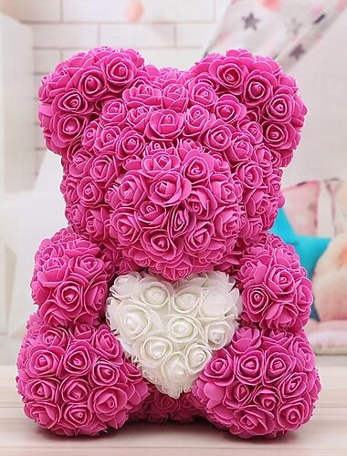 Valentinstagsgeschenke für sie, Rosenbär mit Herz 25/40cm künstlicher Rosenblütenbär, romantisches Geschenk für Valentinstag, Hochzeit, Muttertag und Jahrestag, inklusive transparenter Geschenkbox