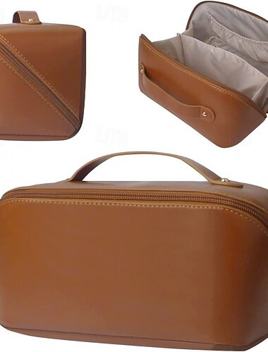 Trousse de maquillage de voyage de grande capacité, organisateur de maquillage en cuir PU à la mode, trousse de toilette portable avec poignée pour le voyage et le rangement