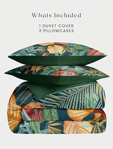 トロピカルな植物柄の掛け布団カバーセット。100%コットンの柔らかく通気性のある寝具。豊かなトロピカルな葉のプリントが特徴。軽量で丈夫なキルトカバー。オールシーズン快適。お手入れ簡単。